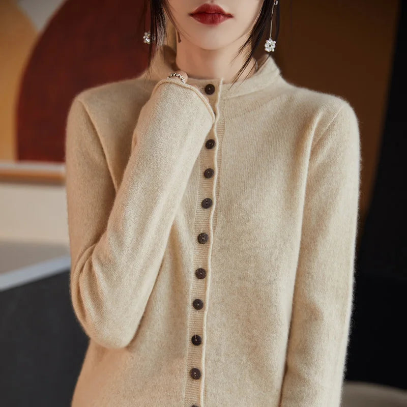 Women's Wool Solid Long-Sleeve Button-Front Knit Cardigan for Autumn Winter Layered Outfits