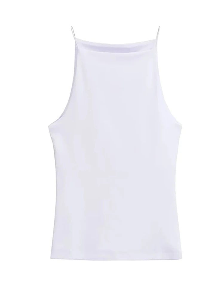 Women's High Neck Cotton Blend Camisole with Thin Straps and Straight Hem