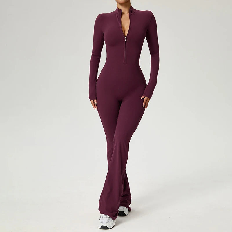 Women's Long Sleeve Nylon Blend Flared Workout Jumpsuit with Zip Collar