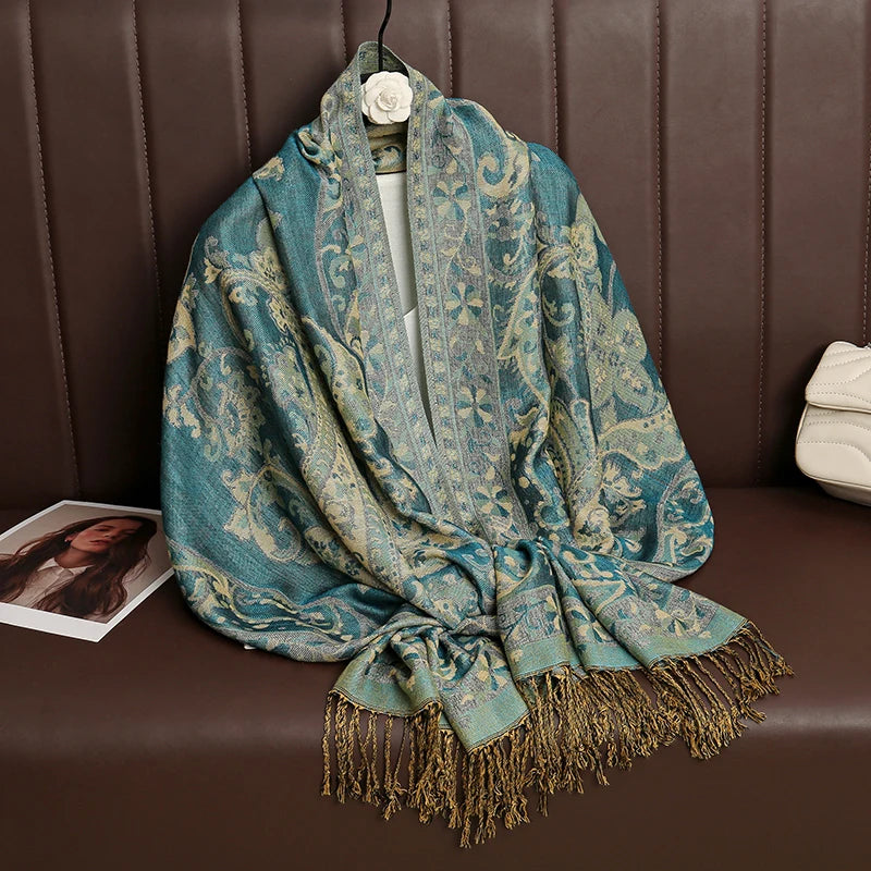 Paisley Floral Print Long Scarf with Fringed Ends