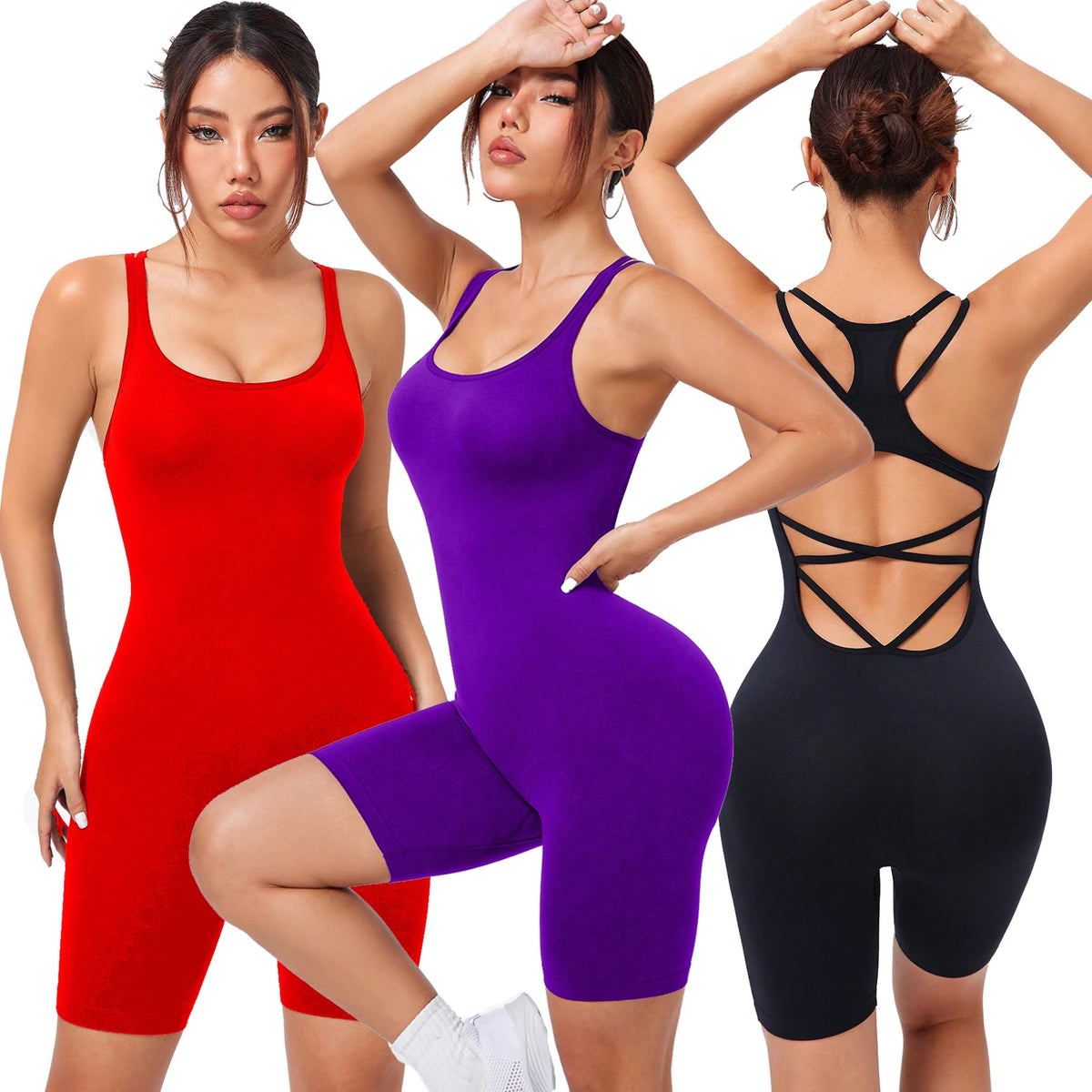 Women's Strappy Cross Back Nylon Blend Romper for Yoga and Workouts