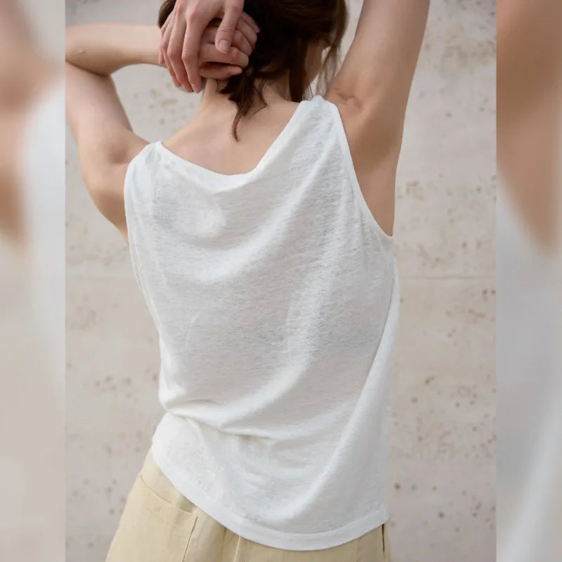 Women's Linen Sleeveless Round-Neck Tank Top for Casual Summer Daily Wear Outfits