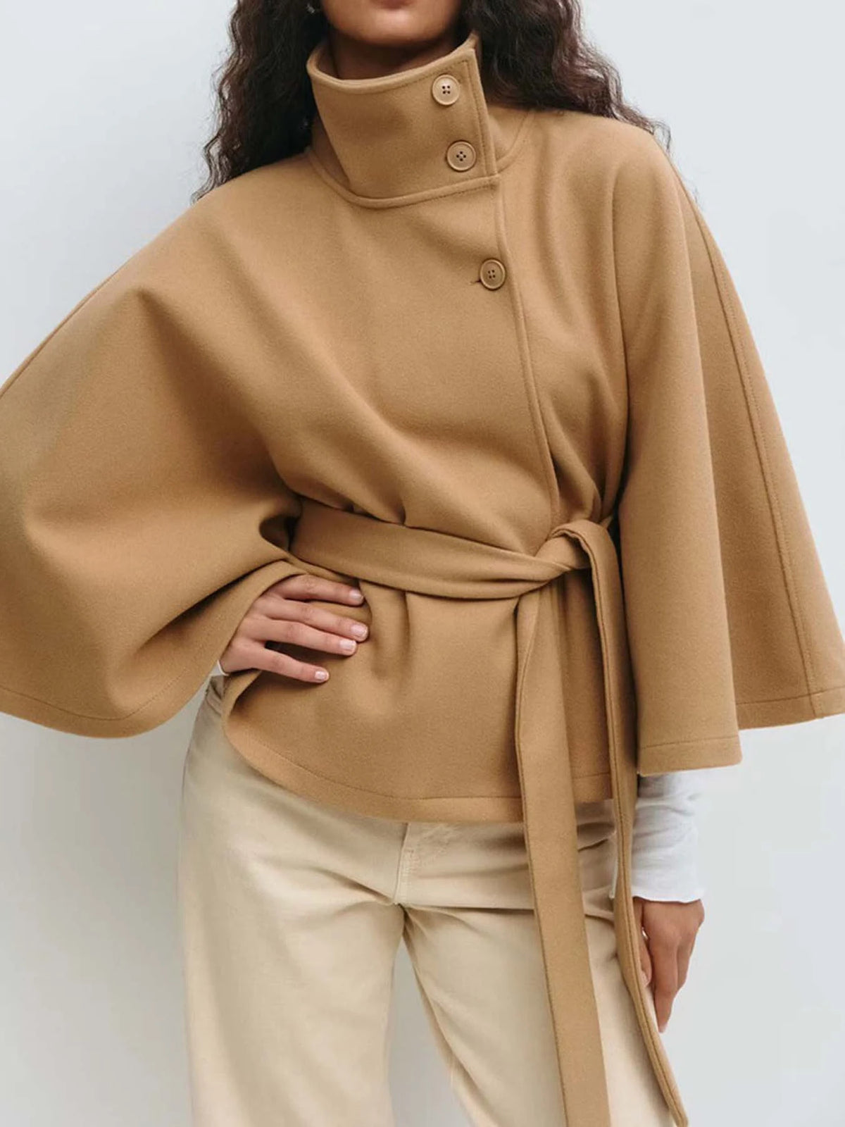 Belted Stand Collar Cape for Layering over Outfits