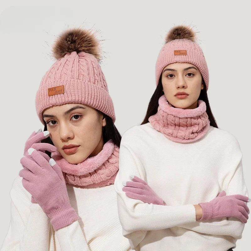 Knitted Hat Scarf and Touchscreen Gloves Set for Outdoor Winter Wear