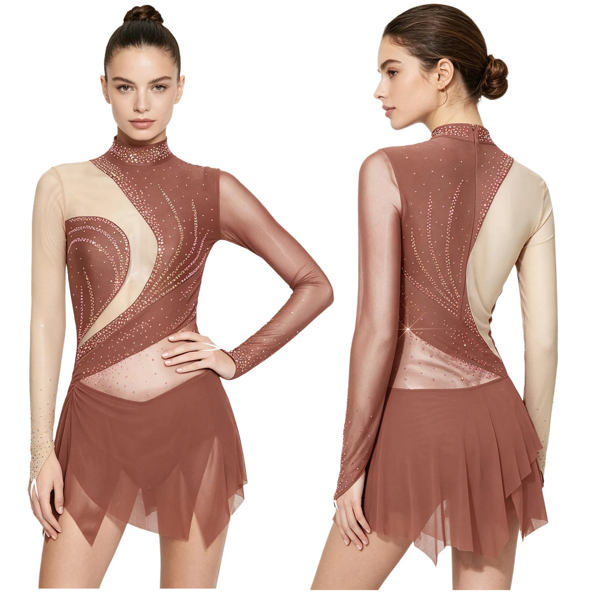 Women's Long Sleeve Rhinestone Dance Dress with Mesh and Open Back