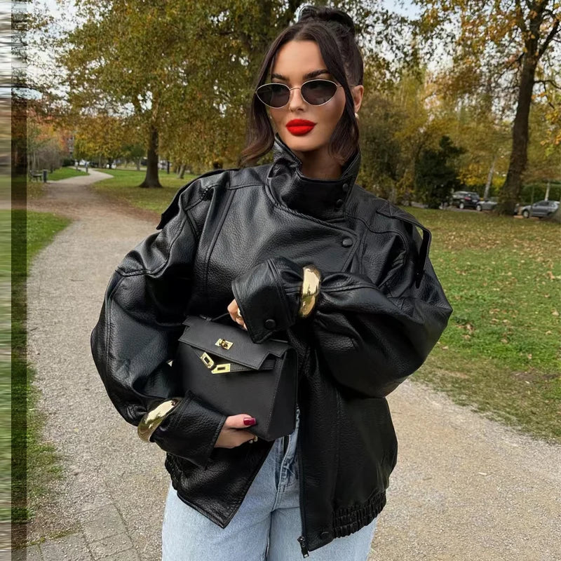 Women's Cropped Leather-Look Zip-Front Jacket