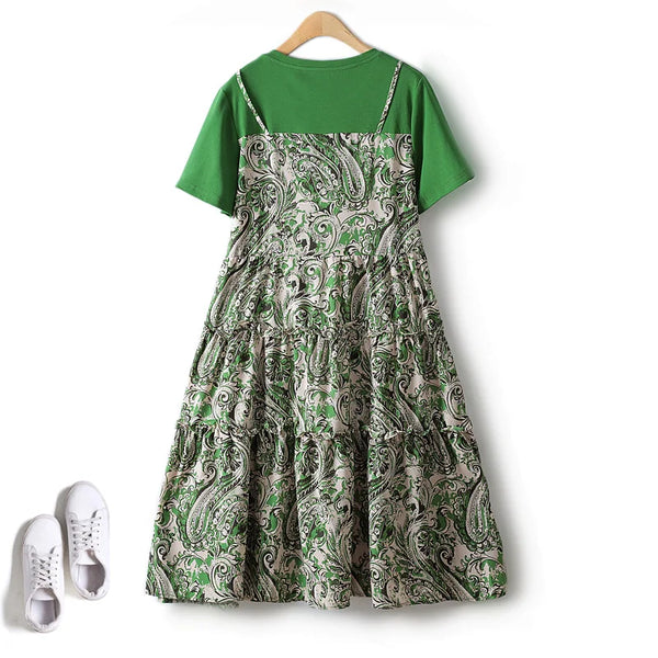 Fake Two Piece Sling Pinch Pleated Chiffon Floral Short Sleeve A Line Female Dress 4XL