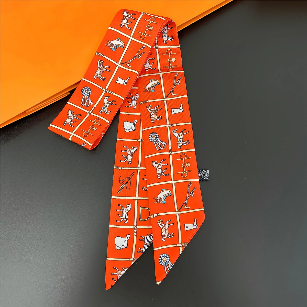 Colorful Printed Skinny Ribbon Scarf with Tie Ends