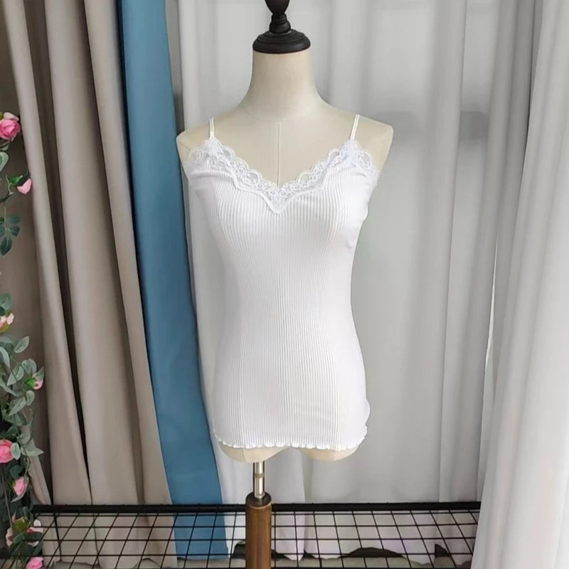 Women's Lace Trim Camisole with Spaghetti Straps and Knitted Construction