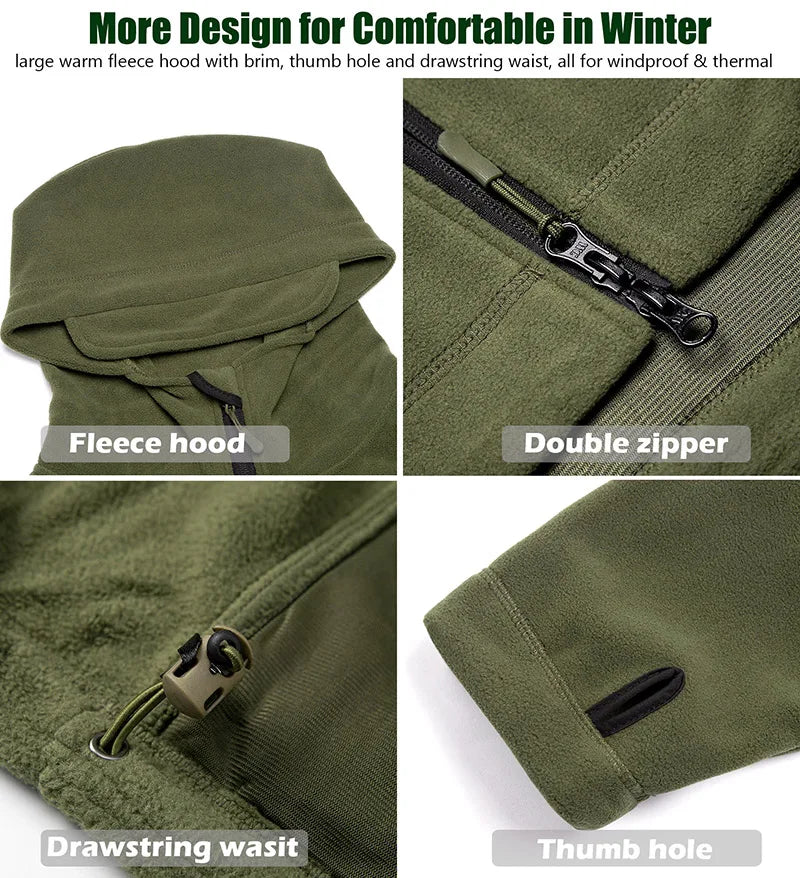 Men's Warm Tactical Fleece Jacket Zip Up Thicken Polar Hoodie Winter Outdoor Sport Hiking Hooded Coat Multi-Pocket