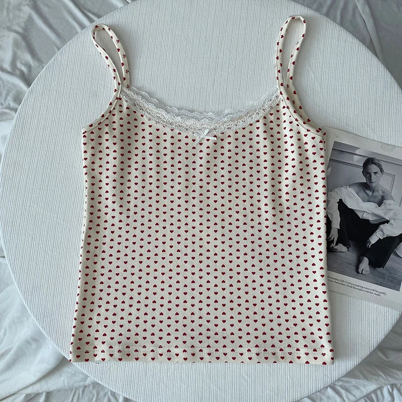 Women's Lace Trim Cotton Camisole with Bow Detail and Multiple Pattern Options