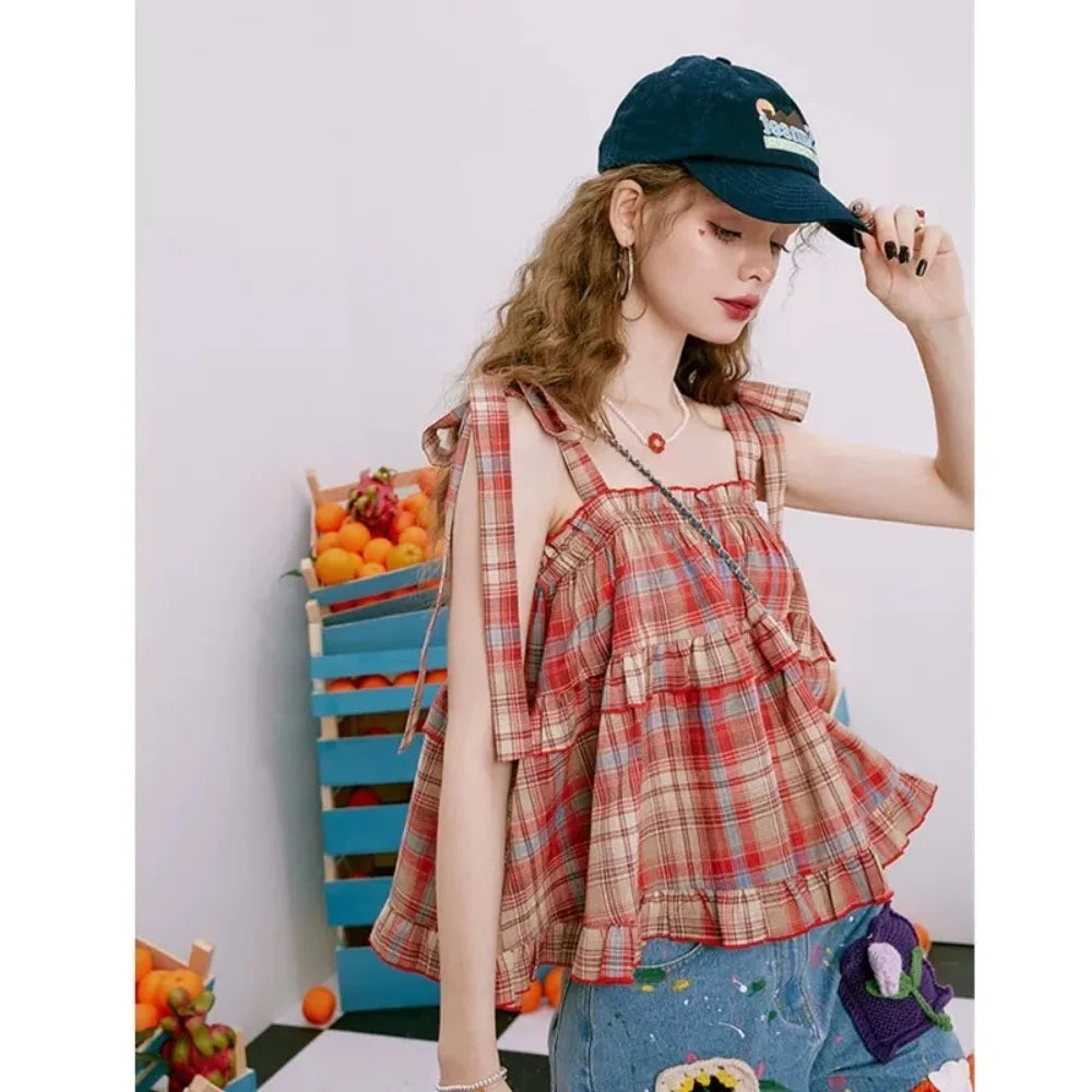 Women's Plaid Cotton Blend Babydoll Camisole with Tie Straps and Tiered Ruffles