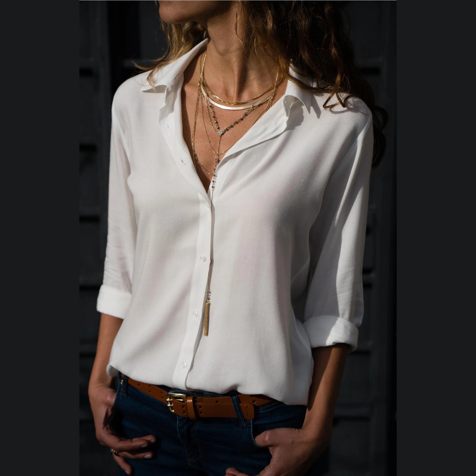 Women's Collared Roll Sleeve Button Front Shirt