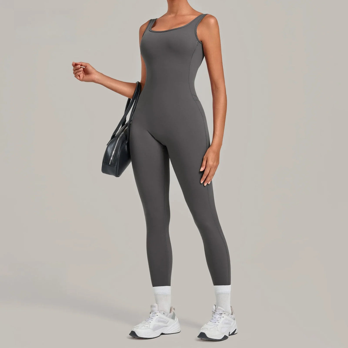 Women's Wide Strap Nylon Blend Workout Jumpsuit with Low Scoop Back