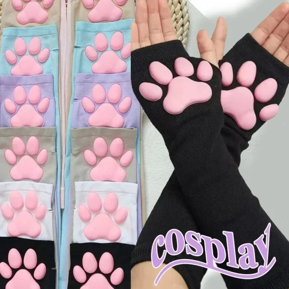 Long Fingerless Paw Gloves with Decorative Pink Pads