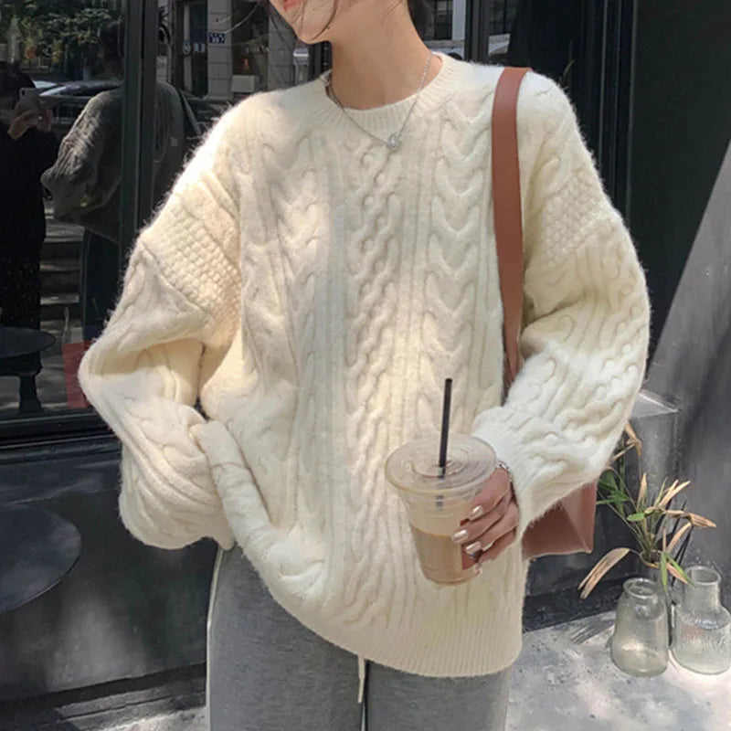 Women's Polyester Cable-Knit Long-Sleeve Crewneck Loose Pullover Sweater for Autumn Winter Outfits