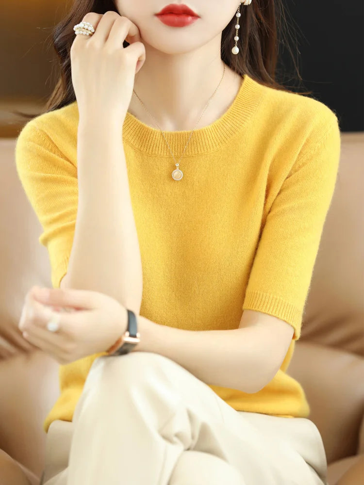 Women's Crew Neck Short Sleeve Sweater Casual Knit Layer
