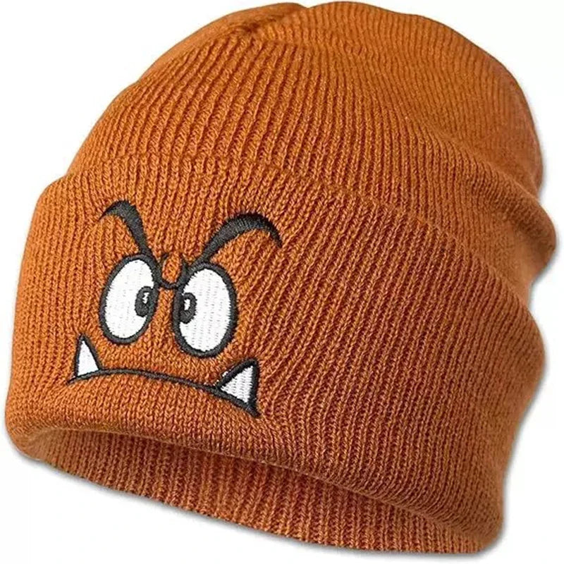 Orange Knit Beanie with Embroidered Cartoon Expression Detail