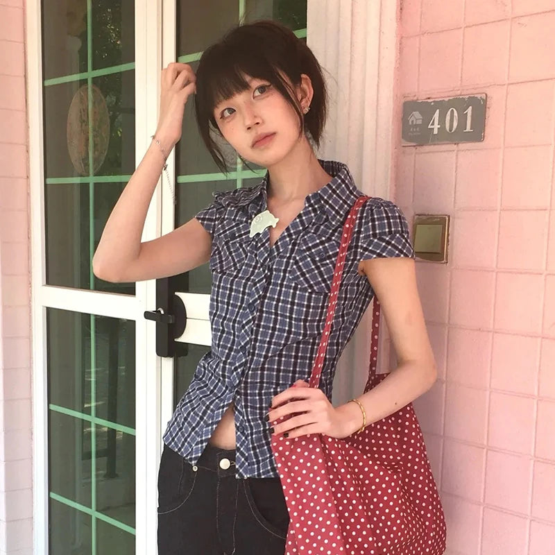 Women's Checked Collared Short Sleeve Shirt