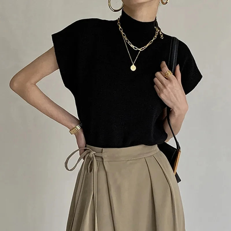Women's Cap Sleeve Mock Neck Knit Sweater Casual Knit Layer