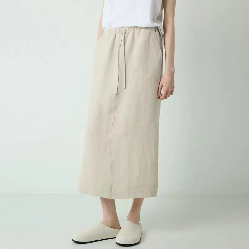 Women's Linen Straight Midi Skirt with Pockets for Casual Summer Everyday Outfits