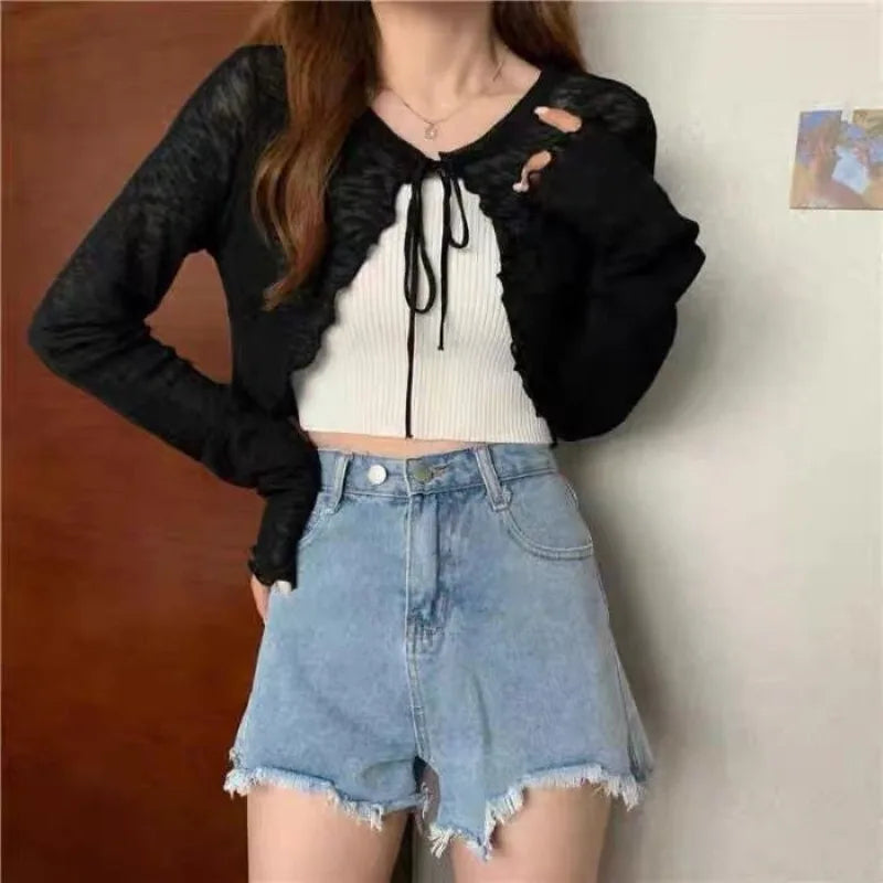 Women's Tie Front Cropped Long Sleeve Cardigan Casual Knit Layer