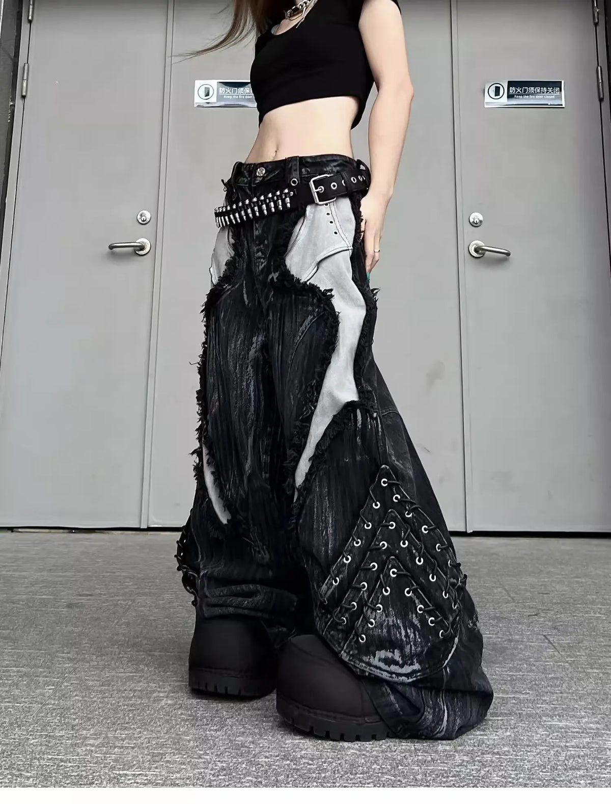 Women's Wide Leg Jeans with Distressed Patchwork and Washed Finish