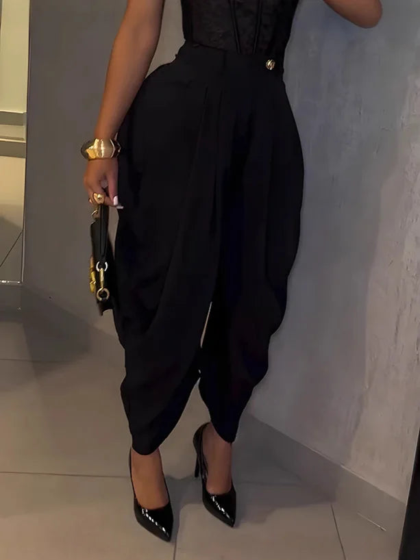 Women's Pleated Harem Pants with Tapered Legs and Waistband