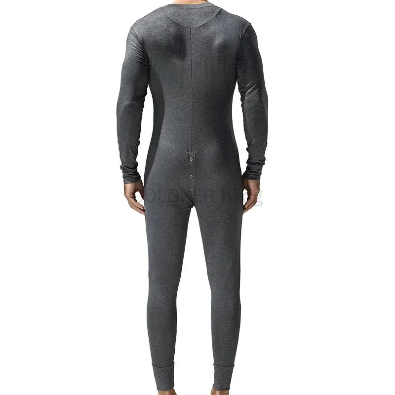 Men's Button Front Long Sleeve Pajama Jumpsuit for Home Wear
