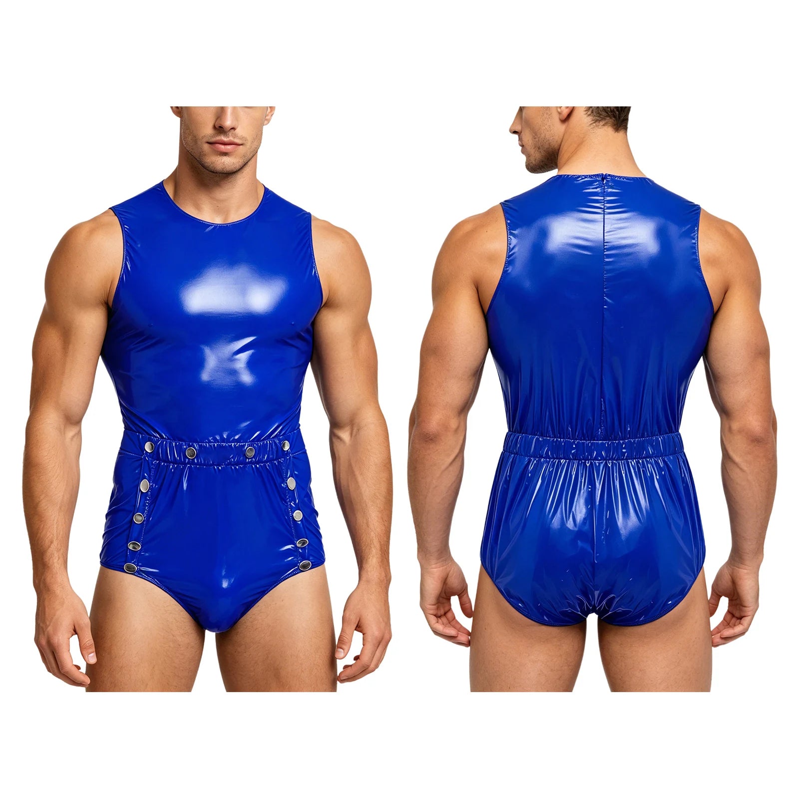 Men's One-Piece Swimsuit with Back Zipper and Crotch Button Details