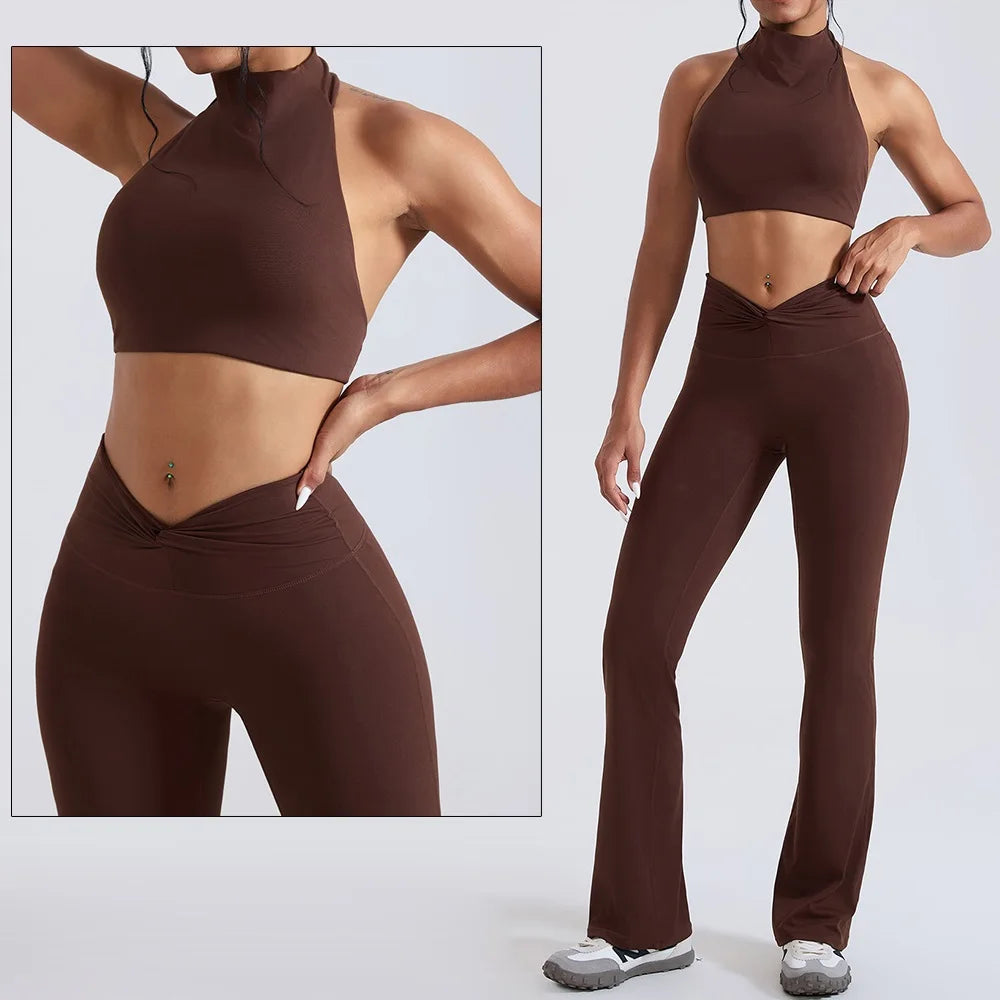 Women's Zip-Front Crop Top and Flared Pants Workout Set