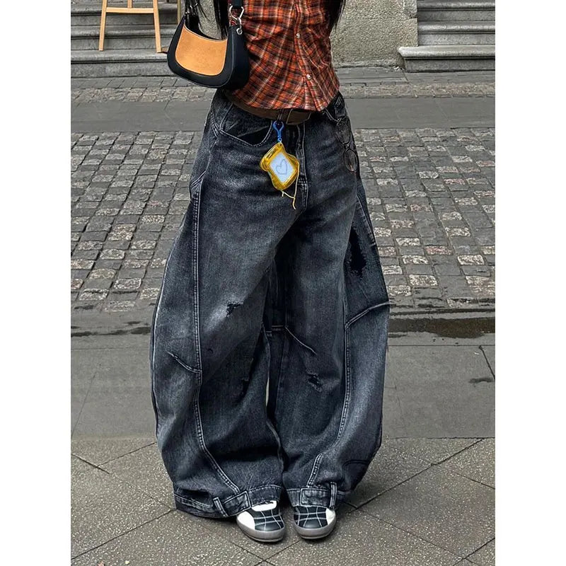Women's Black Cargo Pocket Wide Leg Denim Jeans