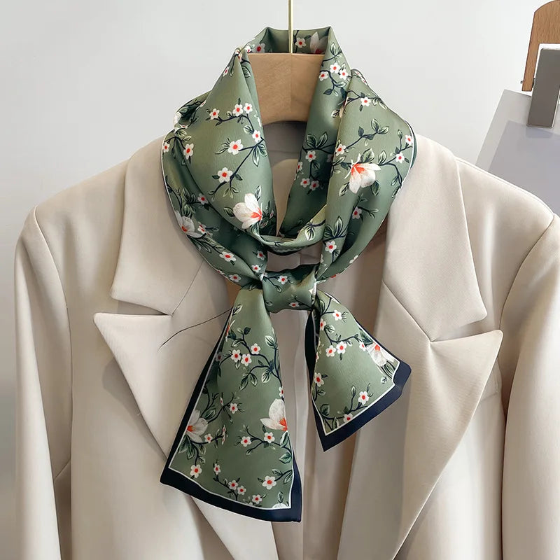 Printed Long Narrow Scarf with Decorative Ribbon Shape