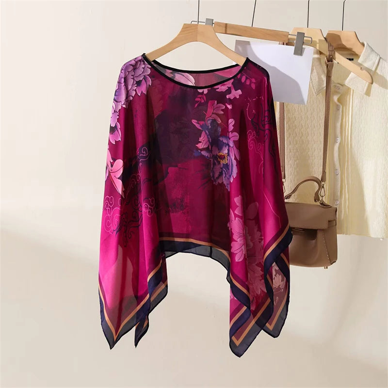 Printed Sheer Beach Poncho for Layering over Outfits