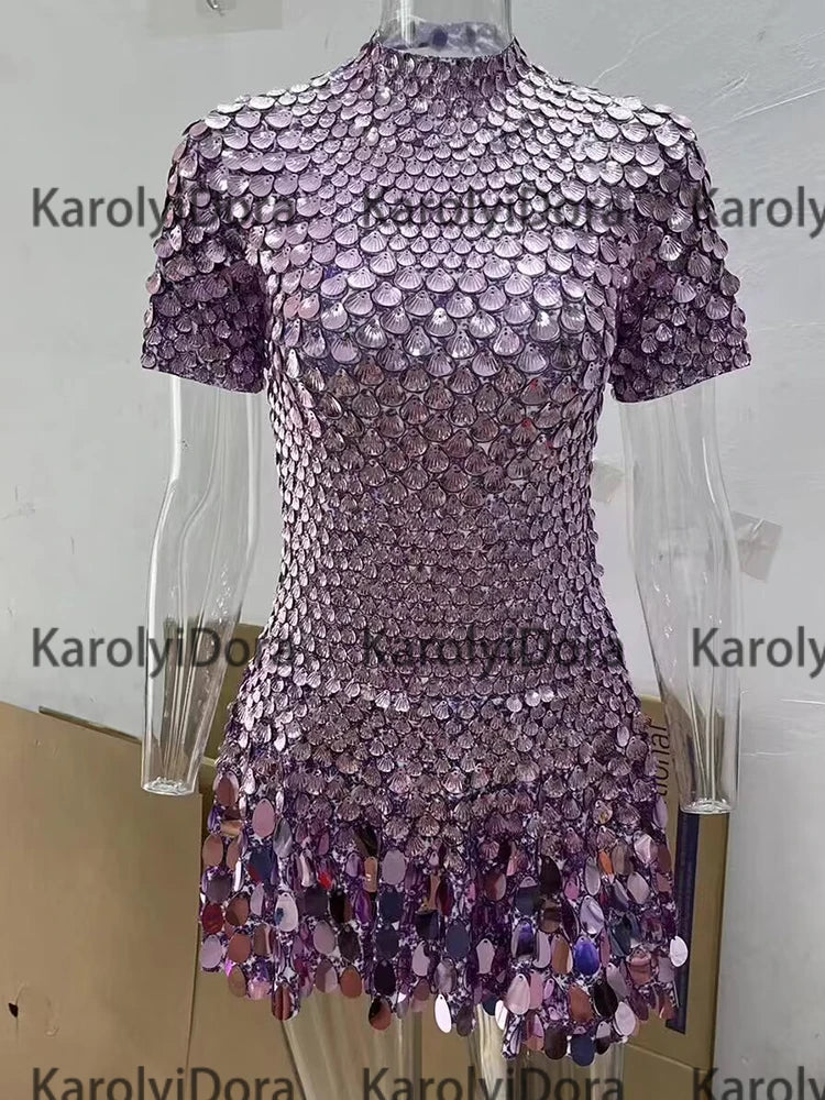 Women's Disc Sequin Mini Dance Dress with Short Sleeves and High Neck