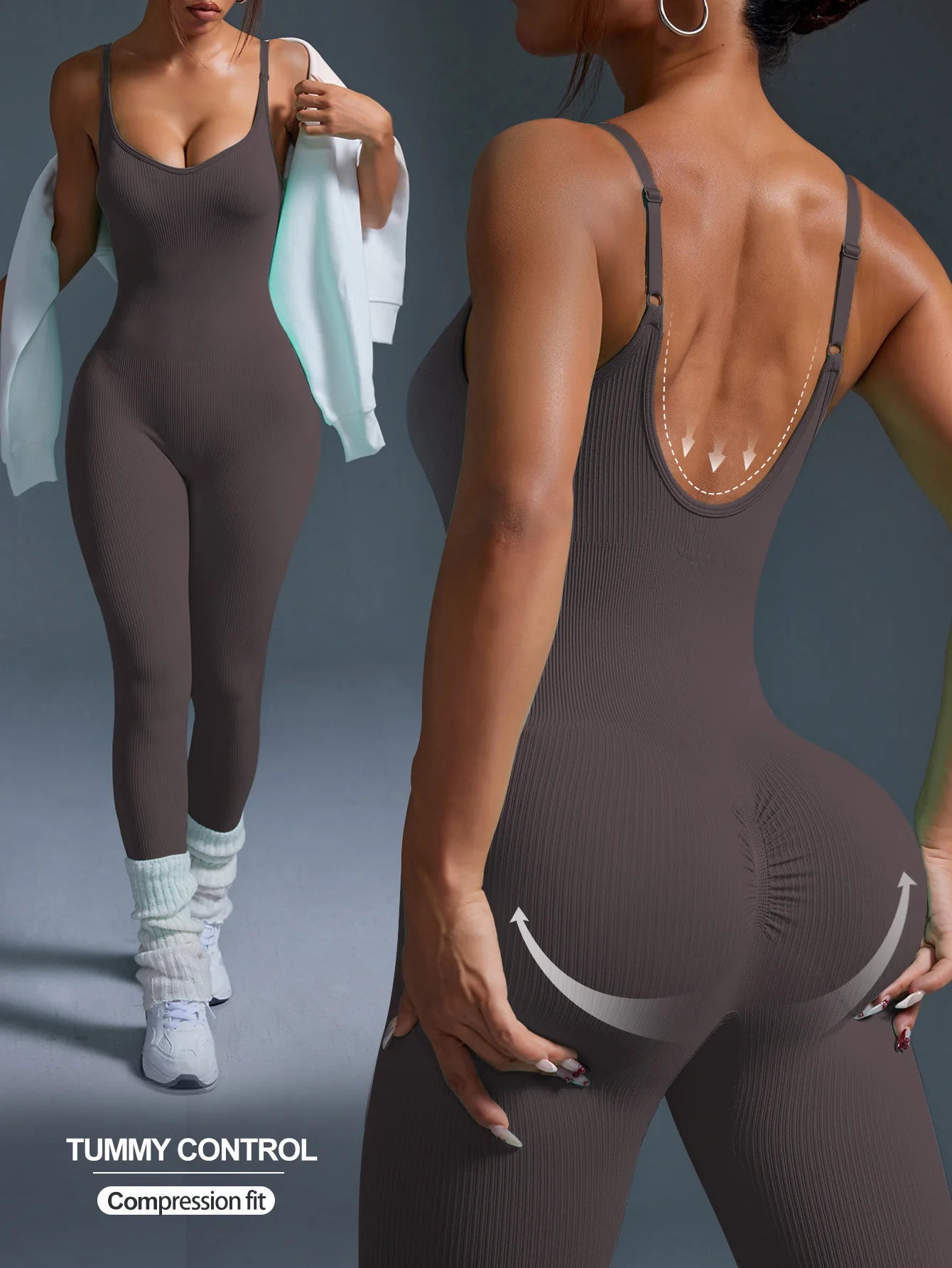 Women's Thin Strap Nylon Blend Workout Jumpsuit with Low Open Back