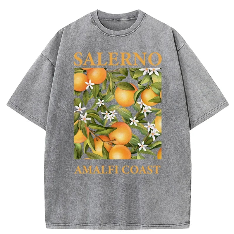 Fresh Orange Design Men's Washed Short Sleeve T-shirt Summer Casual Hip Hop Top Loose Cotton Short Sleeve