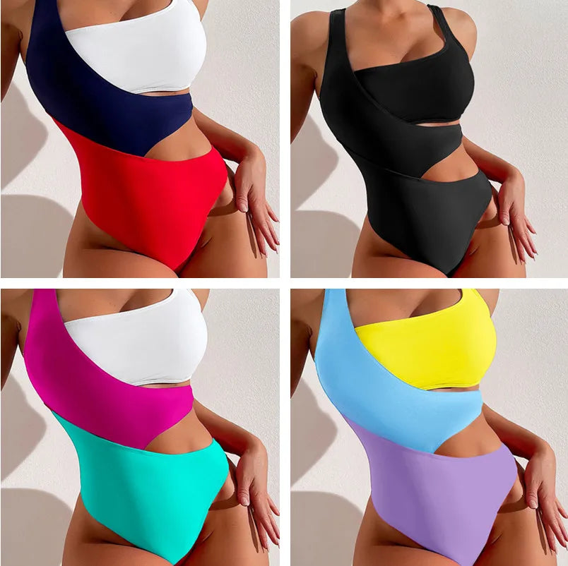 Women's Colour Block Asymmetric Swimwear with One and Two Piece Options