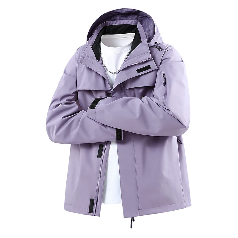 Hooded Zip-Up Outdoor Jacket with Adjustable Hood and Front Pockets