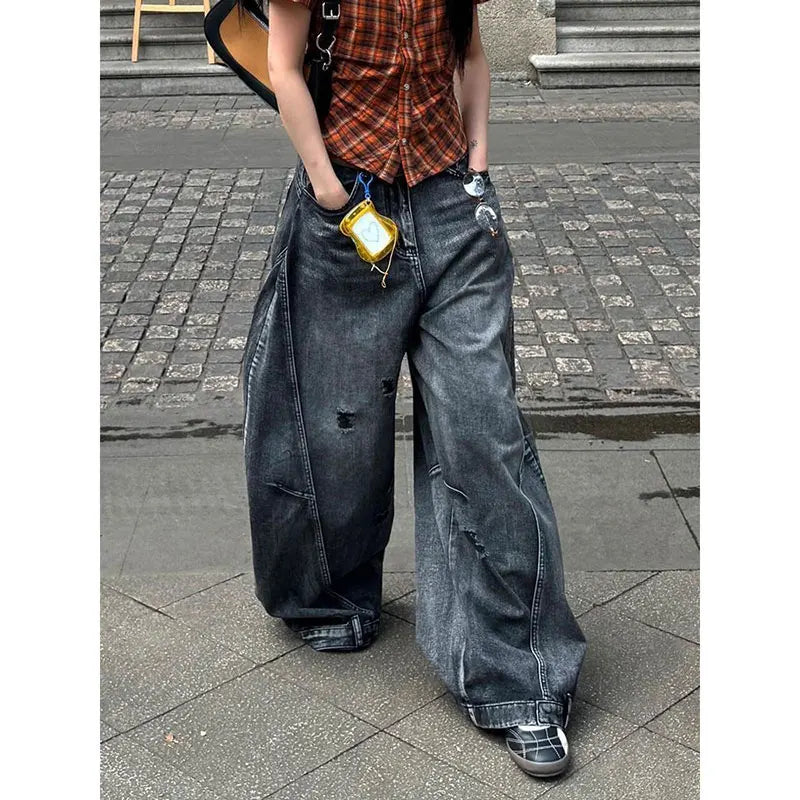 Women's Black Cargo Pocket Wide Leg Denim Jeans