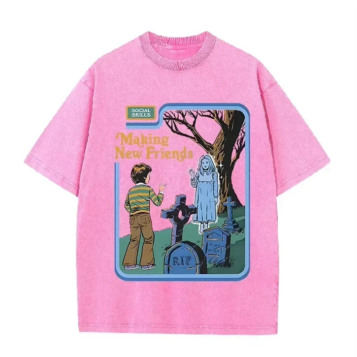 Green Acid Wash Making Friends Ghost Cemetery Vintage Halloween Tee