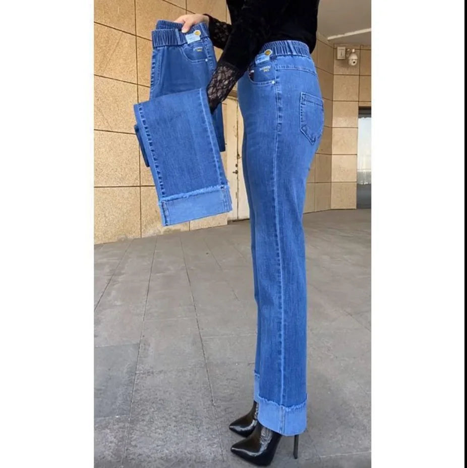 Women's Button Cuff Cropped Straight Leg Denim Jeans