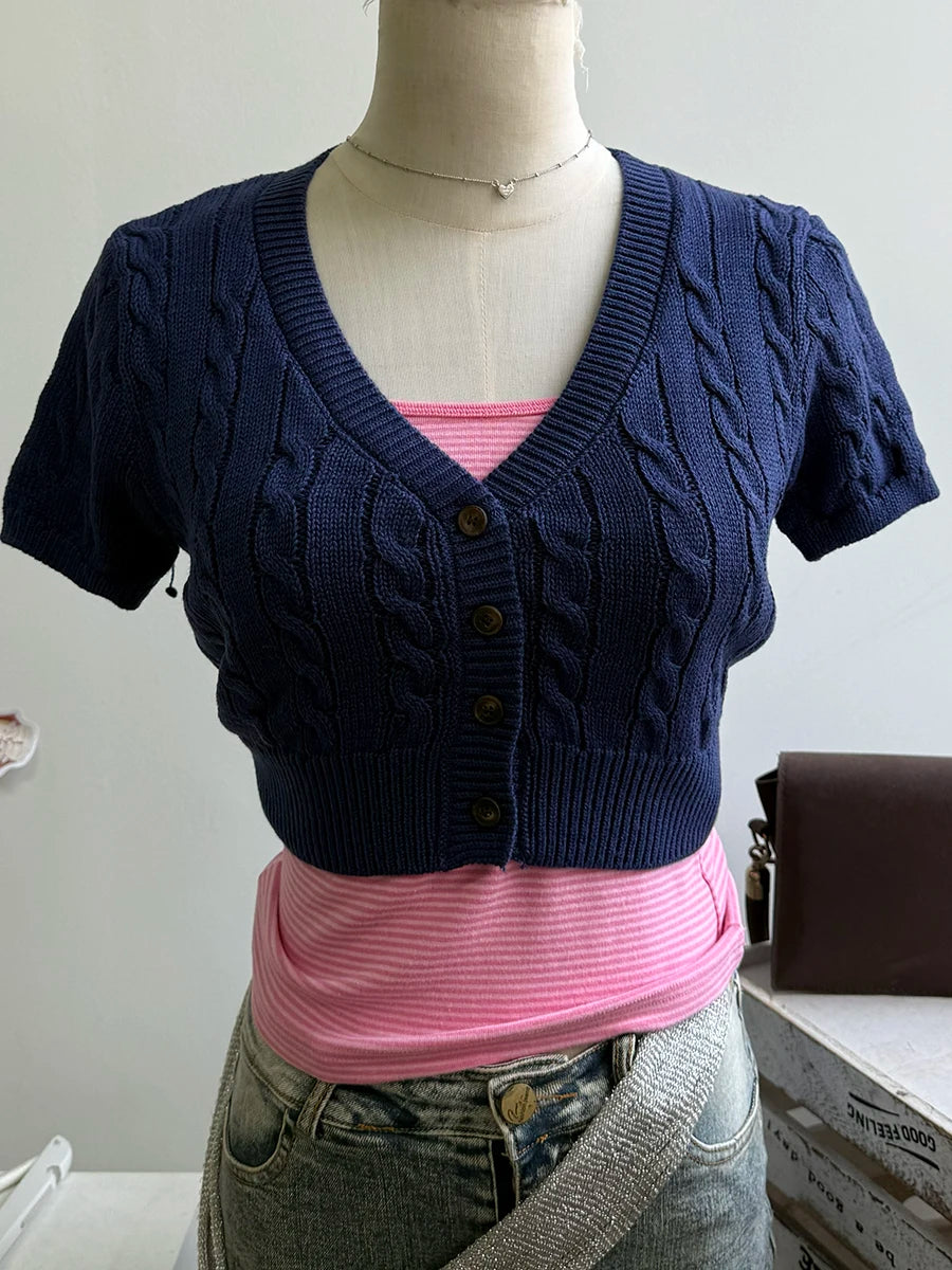 Women's Cropped V Neck Button Front Cardigan Casual Knit Layer