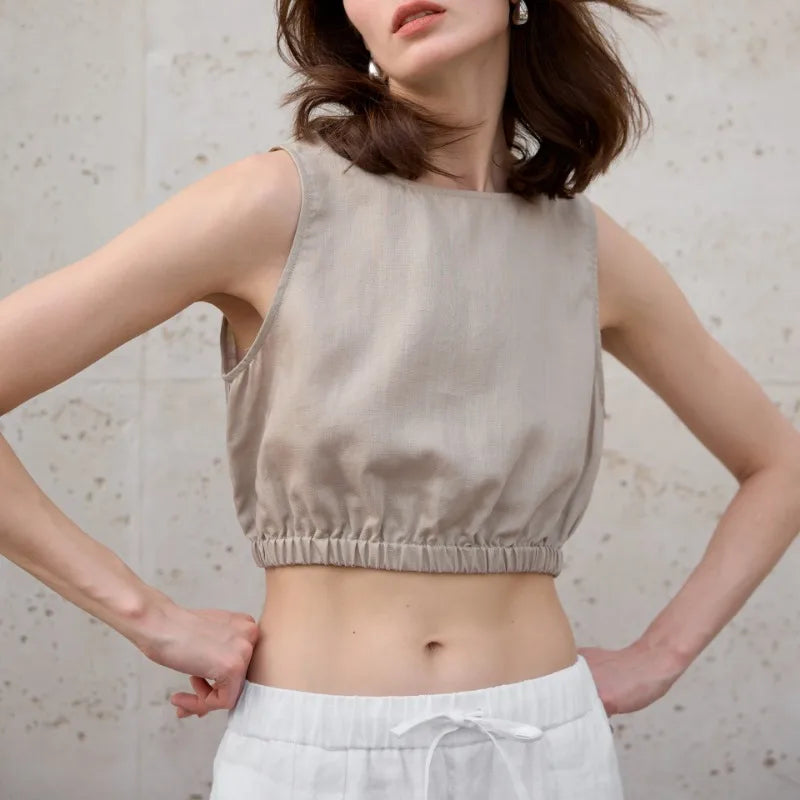 Women's Linen-Viscose Sleeveless Cropped Tank Top with Gathered Hem for Casual Outfits