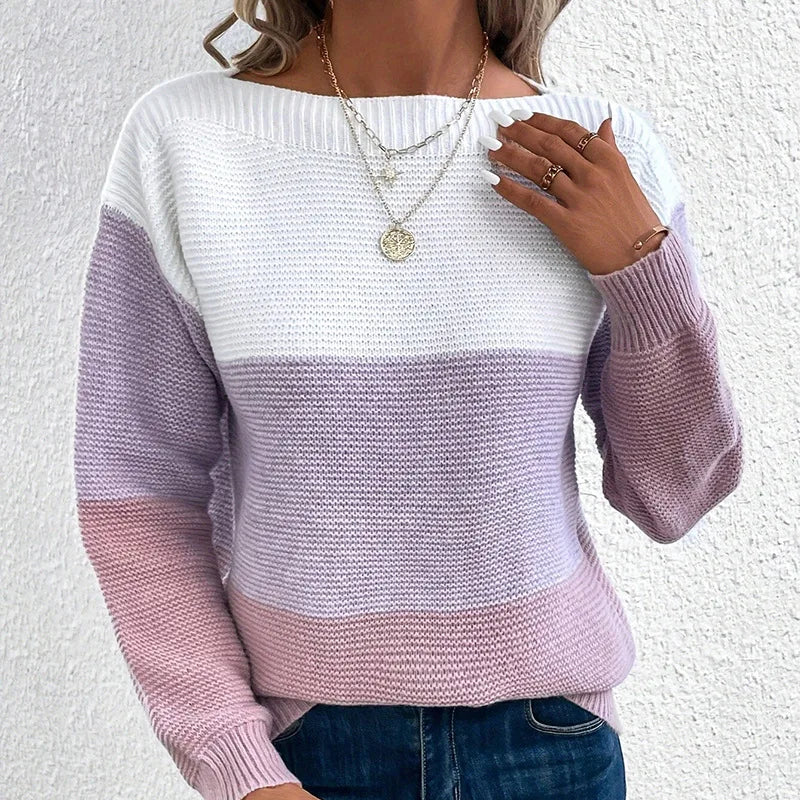 Women's Color Block Crew Neck Sweater Casual Knit Layer