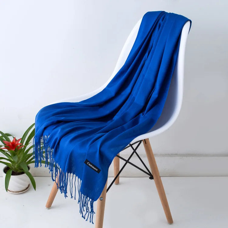 Solid Long Rectangular Scarf with Fringed End Trim