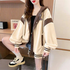 Fashion Hooded Sweatshirt for Women Thin Loose Stitching Single Breasted Hoodies with Pocket Female Baseball Cardigan Jacket