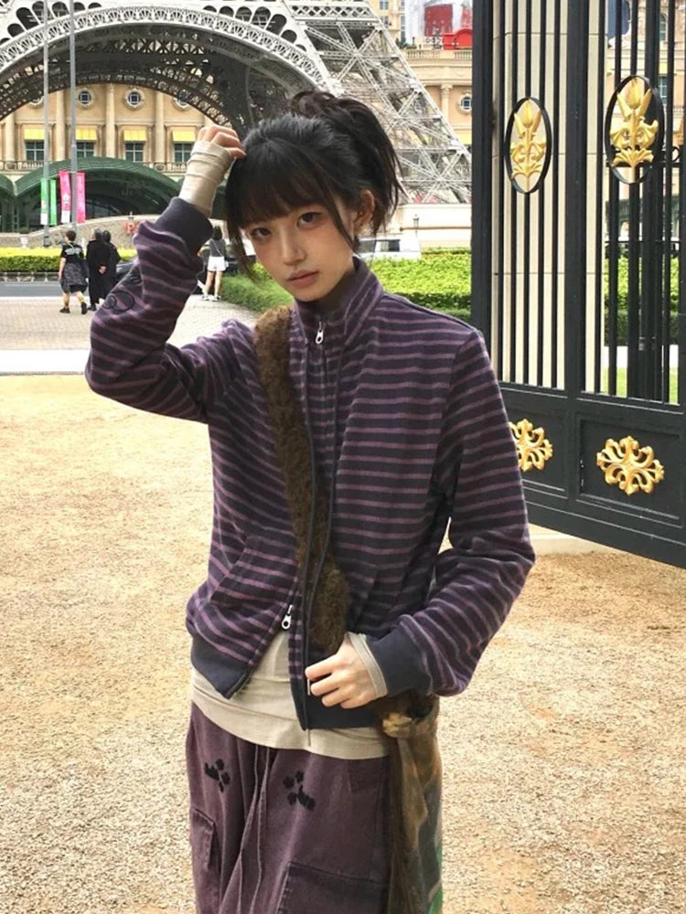 Striped Long Sleeve Front Closure Casual Jacket for Layering