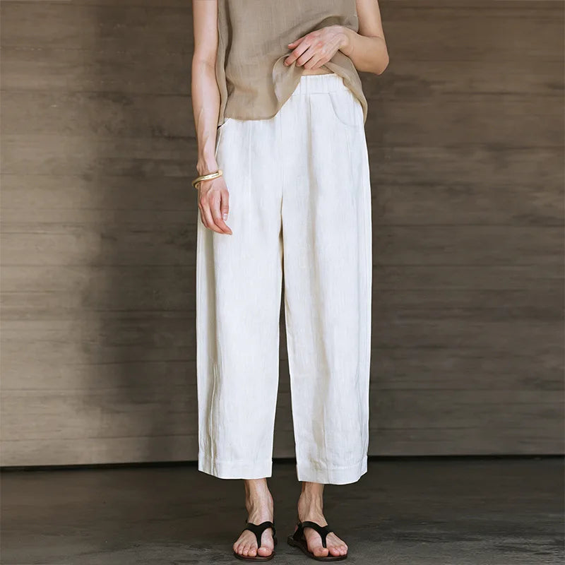 Women's Linen Loose Straight-Leg Ankle-Length Pants with Elastic Waist and Practical Pockets