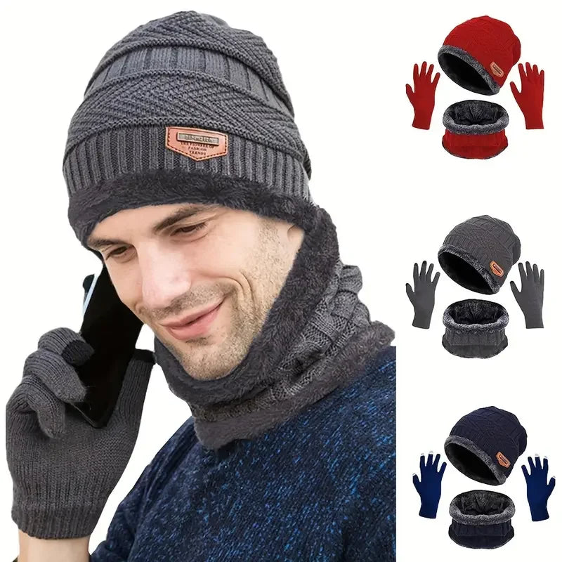 Knitted Hat Scarf and Touchscreen Gloves Set for Adult Winter Wear